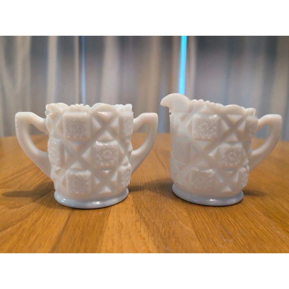 Vtg Westmoreland Milk Glass Creamer & Sugar Set "Old Quilt" Cottage core